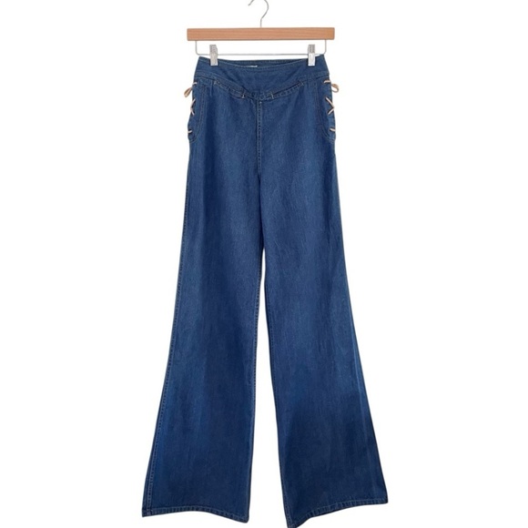 Vintage 70s Daddy’s Money Jeans Lace Up Side High Waist Wide Leg Flare Juniors 7 - Picture 1 of 10